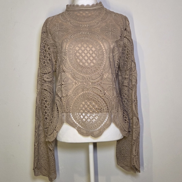Ultra Pink Tops - Ultra Light Tan Crochet Lace Top